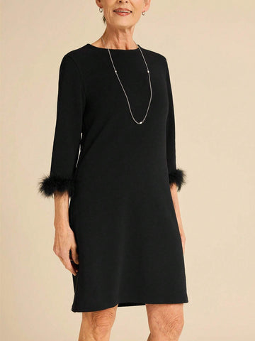 Miaspire Women Simple Solid Color Round Neck Furry Patchwork Casual Short Mini Dress