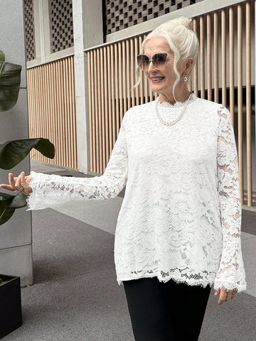 Women Solid Lace Trim Simple Long Sleeve Casual Top
