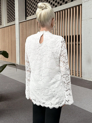 Women Solid Lace Trim Simple Long Sleeve Casual Top