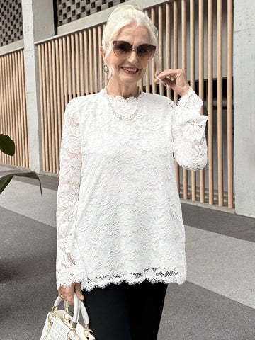 Women Solid Lace Trim Simple Long Sleeve Casual Top