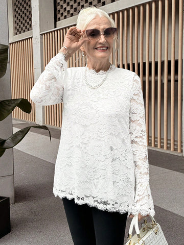 Women Solid Lace Trim Simple Long Sleeve Casual Top