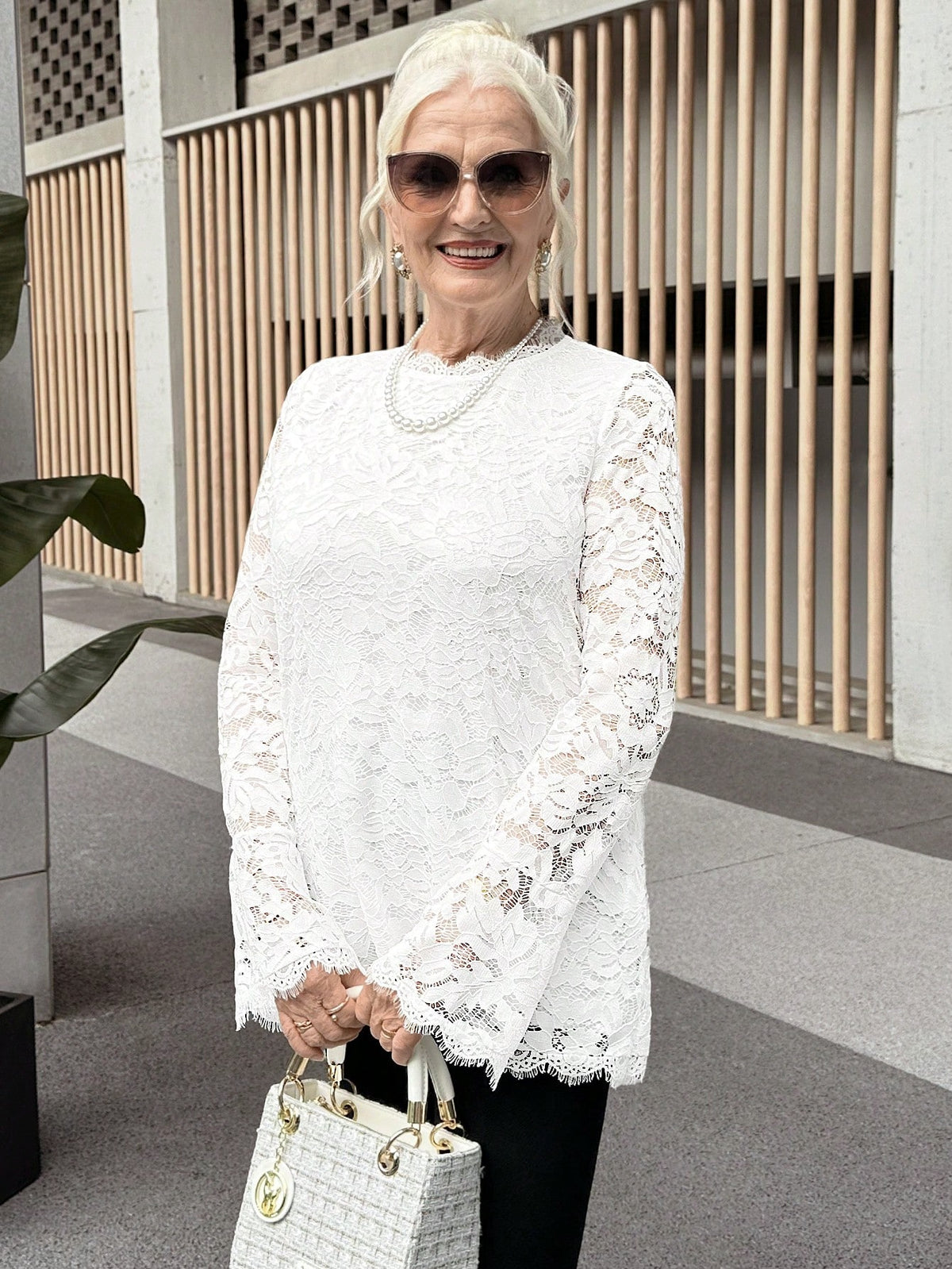 Women Solid Lace Trim Simple Long Sleeve Casual Top