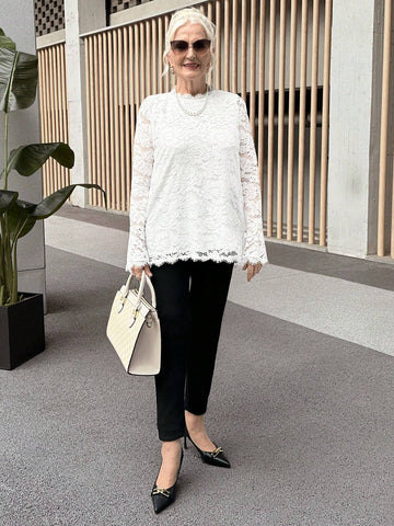 Women Solid Lace Trim Simple Long Sleeve Casual Top