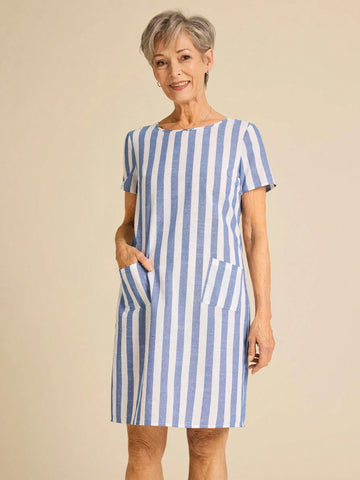 Miaspire Women Striped Crew Neck Short Sleeve Casual Mini Dress With Pockets