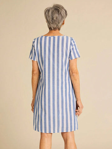 Miaspire Women Striped Crew Neck Short Sleeve Casual Mini Dress With Pockets