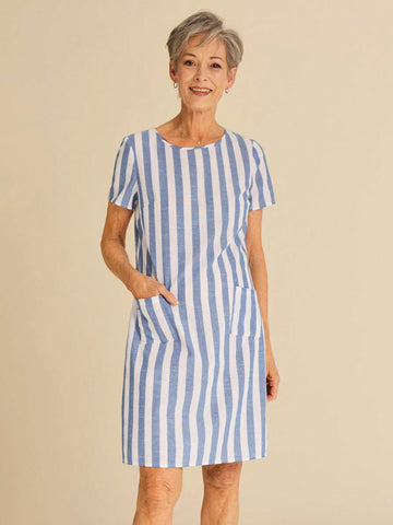 Miaspire Women Striped Crew Neck Short Sleeve Casual Mini Dress With Pockets