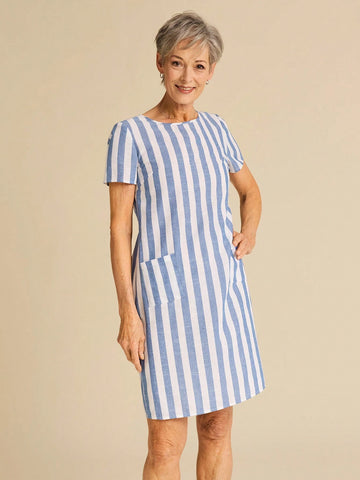 Miaspire Women Striped Crew Neck Short Sleeve Casual Mini Dress With Pockets