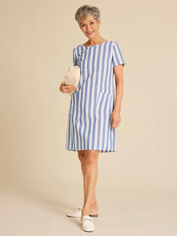 Miaspire Women Striped Crew Neck Short Sleeve Casual Mini Dress With Pockets