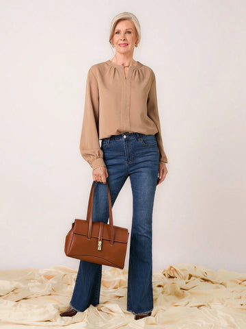 Miaspire Women's Casual Solid Color Keyhole Neck Long Sleeve Minimalist Blouse