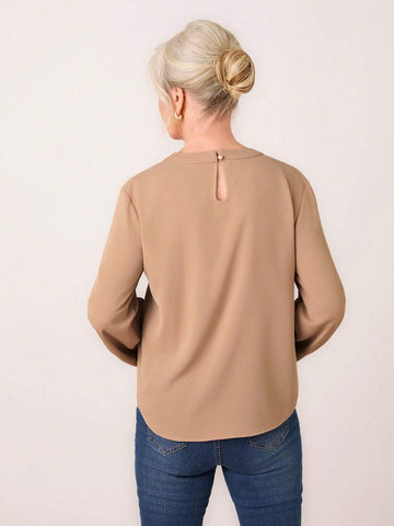 Miaspire Women's Casual Solid Color Keyhole Neck Long Sleeve Minimalist Blouse
