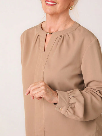 Miaspire Women's Casual Solid Color Keyhole Neck Long Sleeve Minimalist Blouse