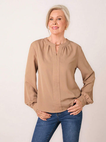 Miaspire Women's Casual Solid Color Keyhole Neck Long Sleeve Minimalist Blouse