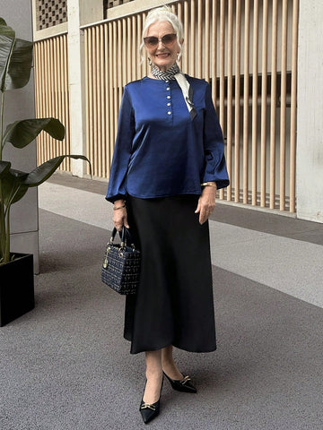 Women's Casual Solid Color Satin Button Down Shirt