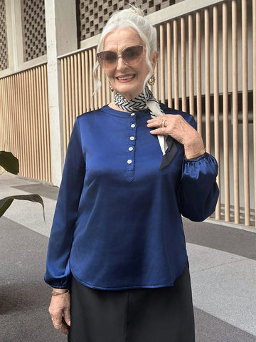 Women's Casual Solid Color Satin Button Down Shirt