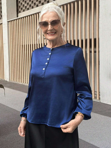 Women's Casual Solid Color Satin Button Down Shirt