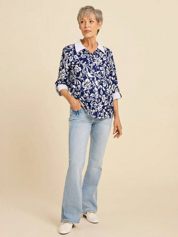 Women's Floral Print Contrast Collar Roll-Up Sleeve Loose Casual Shirt