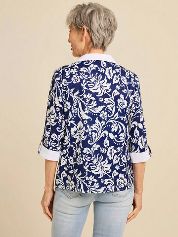 Women's Floral Print Contrast Collar Roll-Up Sleeve Loose Casual Shirt