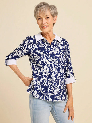 Women's Casual Floral Print Fringed Tie Neck Long Sleeve Shirt