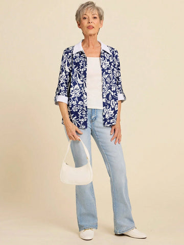 Women's Floral Print Contrast Collar Roll-Up Sleeve Loose Casual Shirt