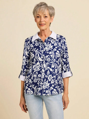 Women's Casual Floral Print Fringed Tie Neck Long Sleeve Shirt