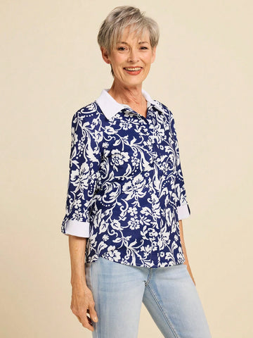 Women's Floral Print Contrast Collar Roll-Up Sleeve Loose Casual Shirt