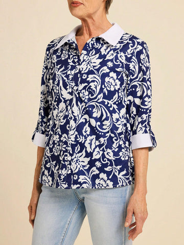 Women's Casual Floral Print Fringed Tie Neck Long Sleeve Shirt