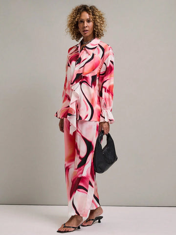 Miaspire Women's Front Button Pleated Ruffle Cuff Long Sleeve Blouse, Casual Vacation