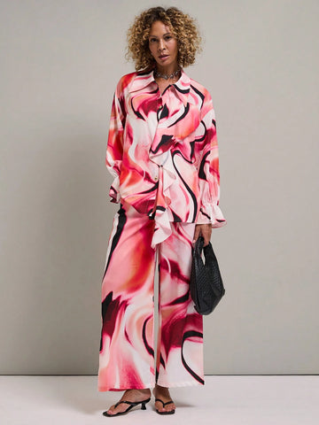 Miaspire Women's Front Button Pleated Ruffle Cuff Long Sleeve Blouse, Casual Vacation