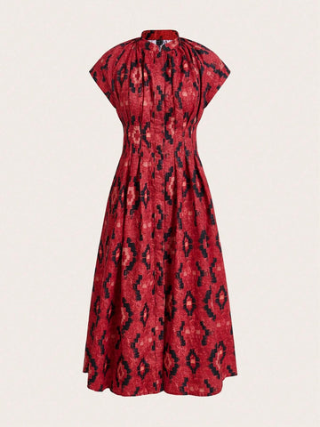 Miaspire Women's Geometric Tie-Dye Print Stand Collar Batwing Sleeve Casual Dress