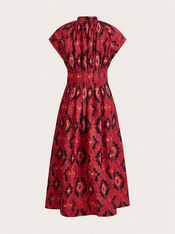 Miaspire Women's Geometric Tie-Dye Print Stand Collar Batwing Sleeve Casual Dress