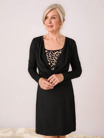 Miaspire Women's Long Sleeve Fashionable Leopard Patchwork Fitted Elegance Dress
