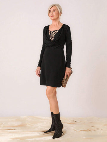 Miaspire Women's Long Sleeve Fashionable Leopard Patchwork Fitted Elegance Dress