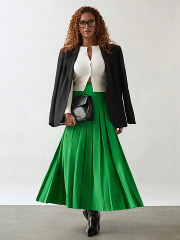 Miaspire Women's Plain High Waist Long Pleated Elegant Skirt