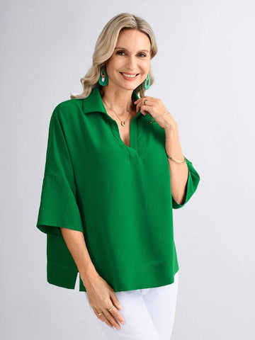 Women's Solid Color Loose Fit Short Sleeve Turndown Collar Casual Shirt