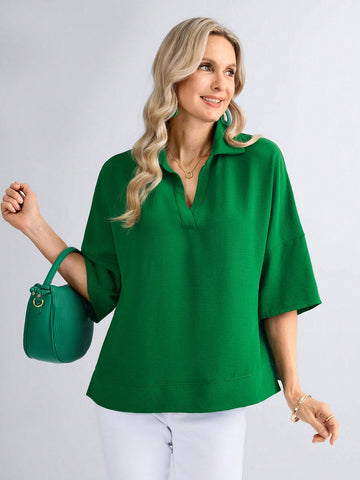 Women's Solid Color Loose Fit Short Sleeve Turndown Collar Casual Shirt