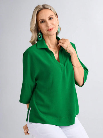 Women's Solid Color Loose Fit Short Sleeve Turndown Collar Casual Shirt