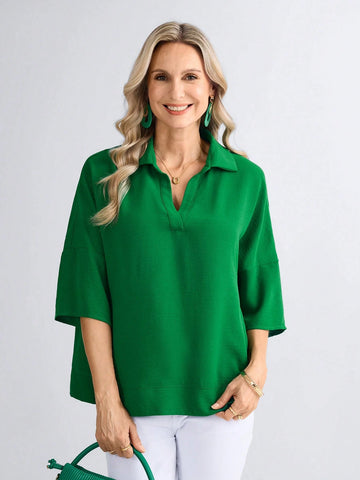 Women's Solid Color Loose Fit Short Sleeve Turndown Collar Casual Shirt