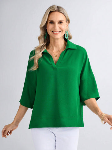 Women's Solid Color Loose Fit Short Sleeve Turndown Collar Casual Shirt