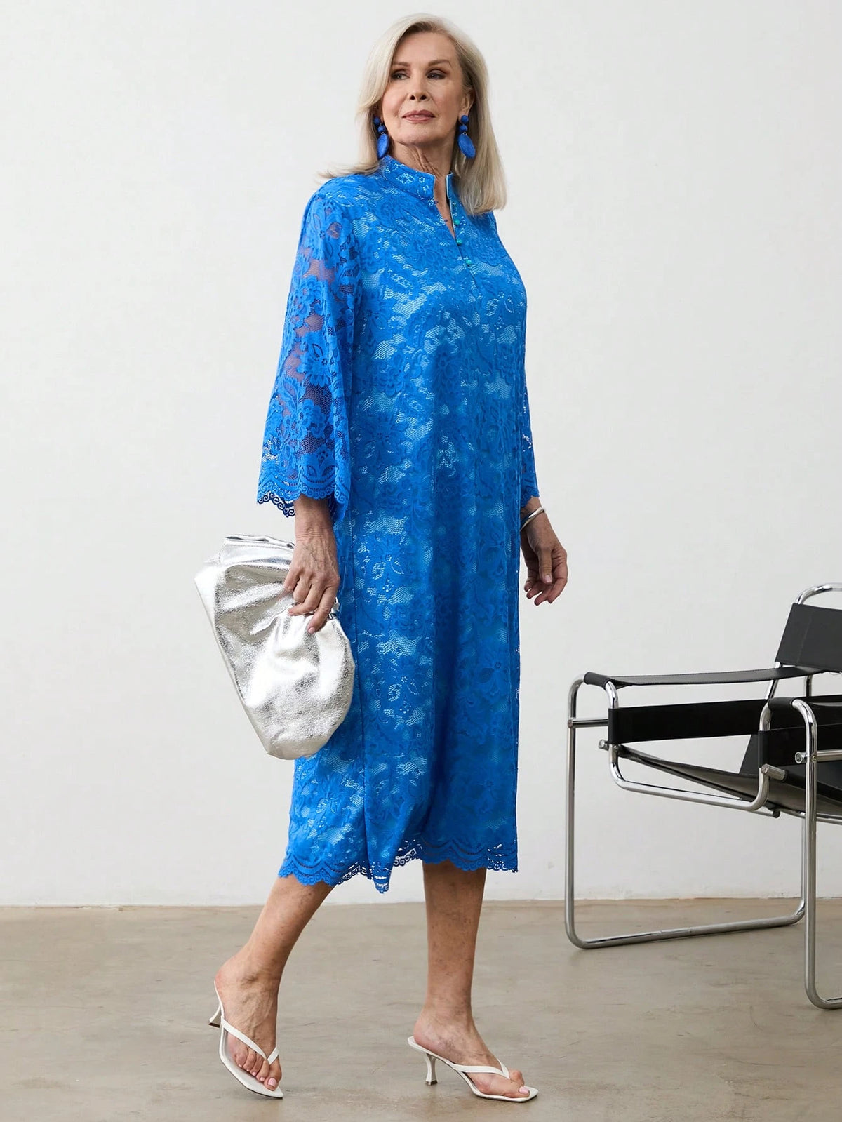 Miaspire Women's Solid Color Stand Collar Lace Patchwork Elegant Long Sleeve Dress