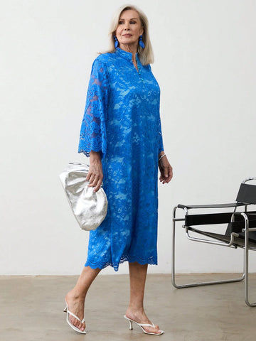 Miaspire Women's Solid Color Stand Collar Lace Patchwork Elegant Long Sleeve Dress