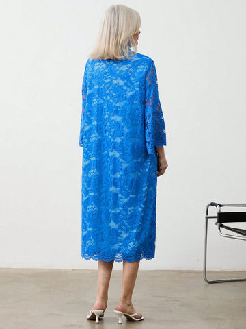 Miaspire Women's Solid Color Stand Collar Lace Patchwork Elegant Long Sleeve Dress