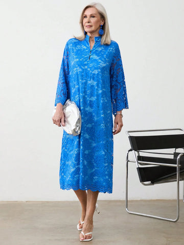 Miaspire Women's Solid Color Stand Collar Lace Patchwork Elegant Long Sleeve Dress