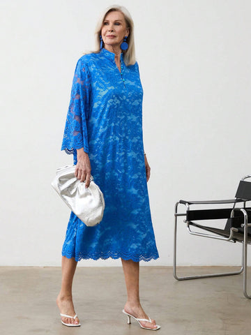 Miaspire Women's Solid Color Stand Collar Lace Patchwork Elegant Long Sleeve Dress