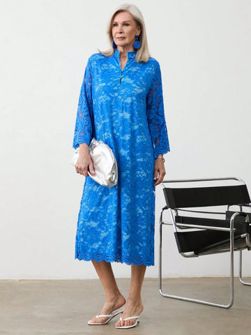 Miaspire Women's Solid Color Stand Collar Lace Patchwork Elegant Long Sleeve Dress