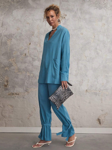 Miaspire Women's Solid Color V-Neck With Pockets Long Sleeve Blouse