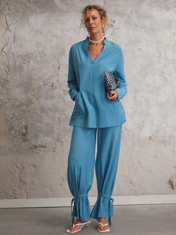 Miaspire Women's Solid Color V-Neck With Pockets Long Sleeve Blouse