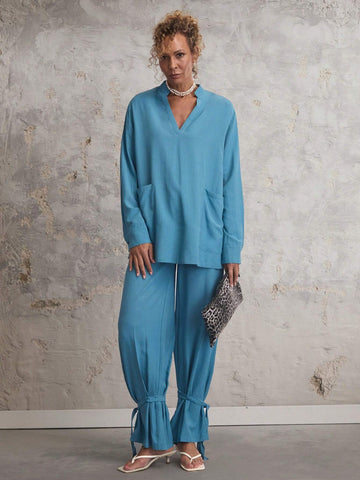 Miaspire Women's Solid Color V-Neck With Pockets Long Sleeve Blouse