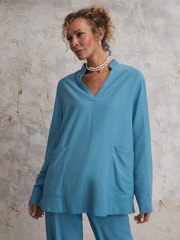 Miaspire Women's Solid Color V-Neck With Pockets Long Sleeve Blouse