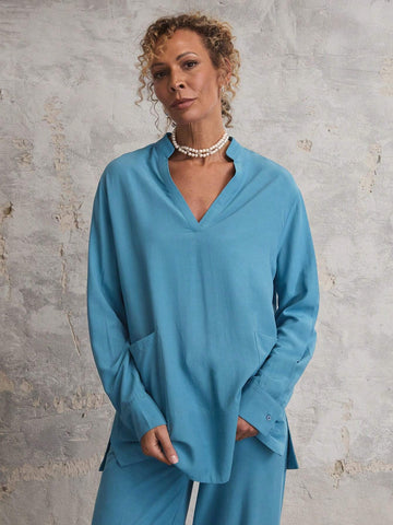 Miaspire Women's Solid Color V-Neck With Pockets Long Sleeve Blouse