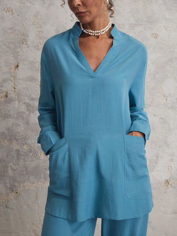 Miaspire Women's Solid Color V-Neck With Pockets Long Sleeve Blouse